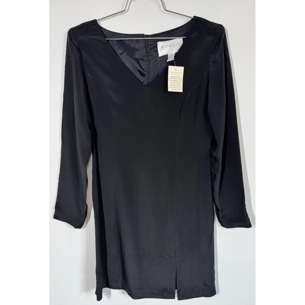 Hugo Buscati 100% Silk Long Sleeve Shift Dress With Front Thigh Slit Size 12 VTG